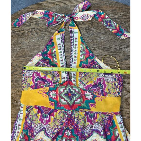 Angie Halter Maxi Dress Boho Gold & Magenta Geometric Boarder Print Smocked Sz L - Picture 3 of 13